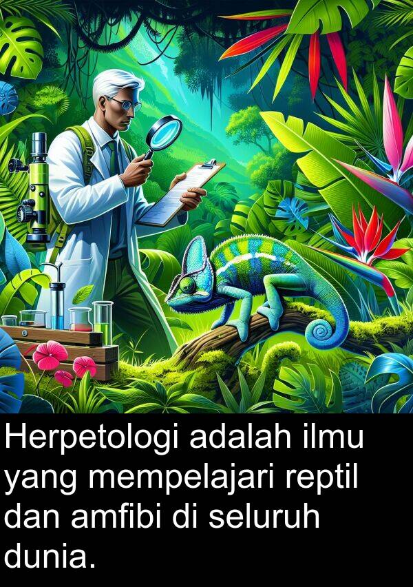 seluruh: Herpetologi adalah ilmu yang mempelajari reptil dan amfibi di seluruh dunia.