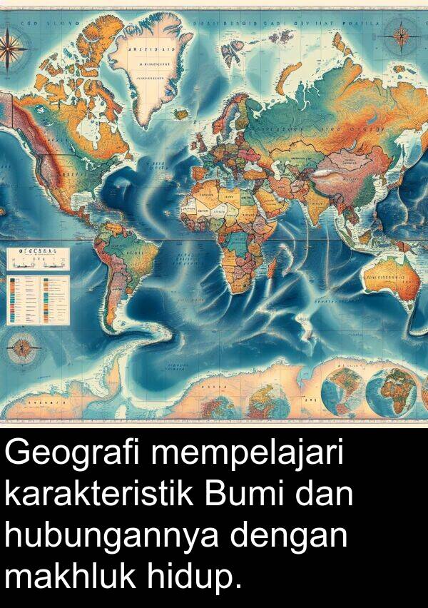 hubungannya: Geografi mempelajari karakteristik Bumi dan hubungannya dengan makhluk hidup.