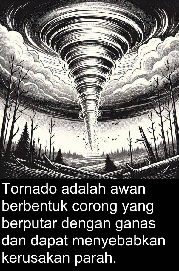 parah: Tornado adalah awan berbentuk corong yang berputar dengan ganas dan dapat menyebabkan kerusakan parah.