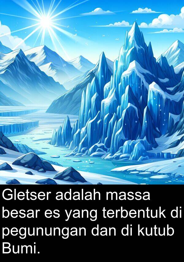 terbentuk: Gletser adalah massa besar es yang terbentuk di pegunungan dan di kutub Bumi.