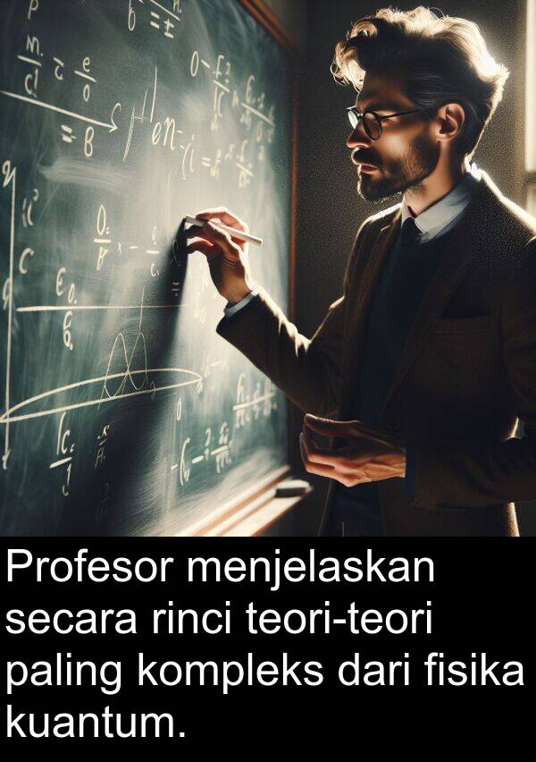 rinci: Profesor menjelaskan secara rinci teori-teori paling kompleks dari fisika kuantum.
