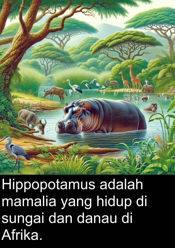 mamalia: Hippopotamus adalah mamalia yang hidup di sungai dan danau di Afrika.