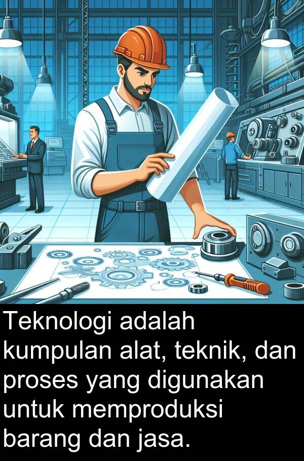 teknik: Teknologi adalah kumpulan alat, teknik, dan proses yang digunakan untuk memproduksi barang dan jasa.