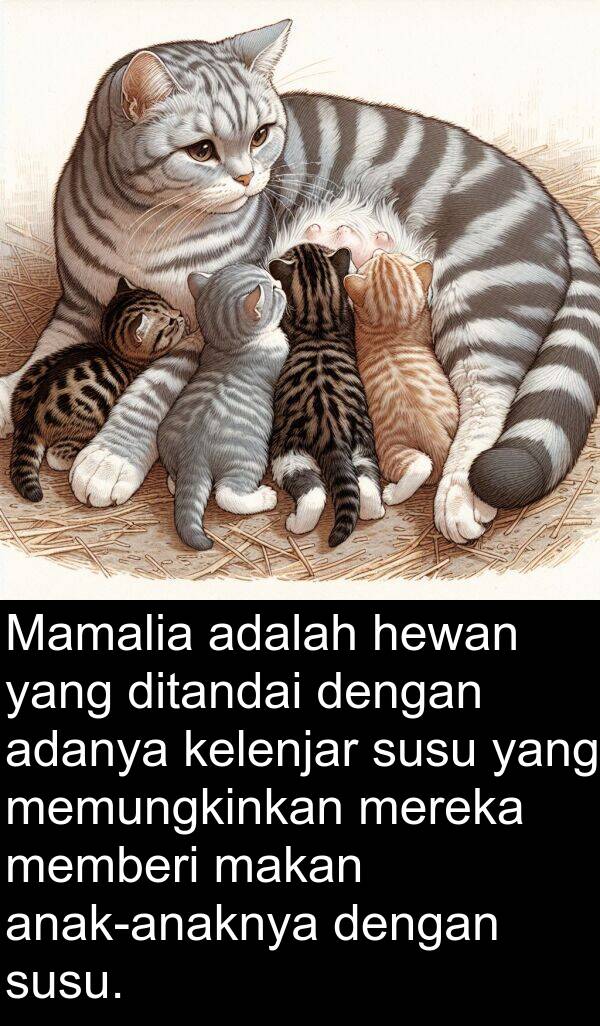 memberi: Mamalia adalah hewan yang ditandai dengan adanya kelenjar susu yang memungkinkan mereka memberi makan anak-anaknya dengan susu.
