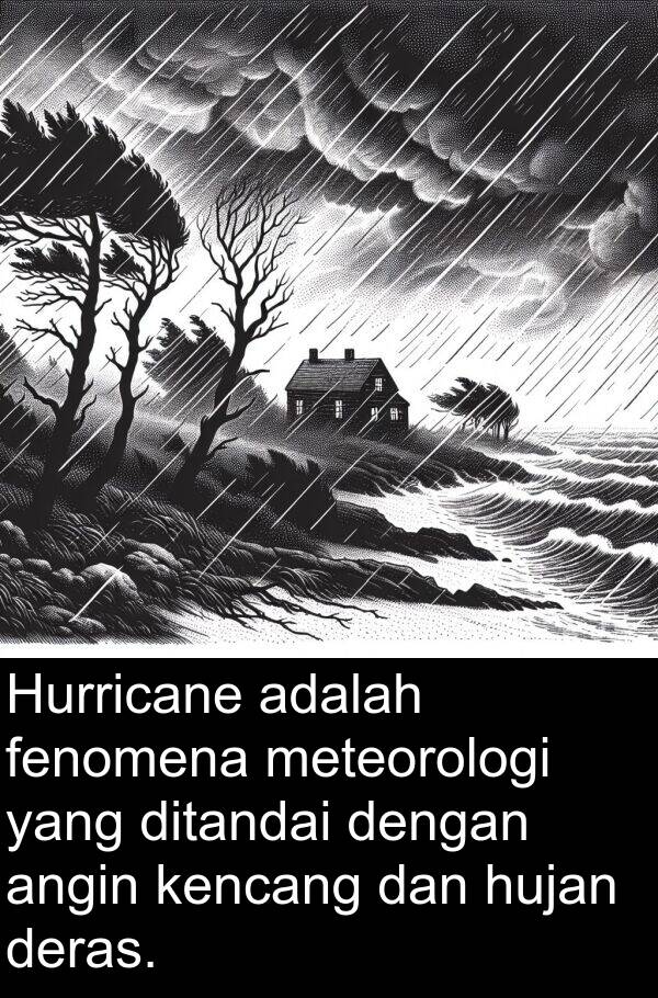 hujan: Hurricane adalah fenomena meteorologi yang ditandai dengan angin kencang dan hujan deras.
