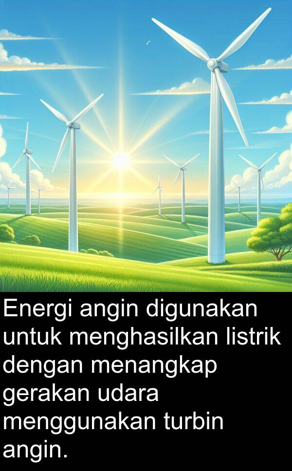 listrik: Energi angin digunakan untuk menghasilkan listrik dengan menangkap gerakan udara menggunakan turbin angin.