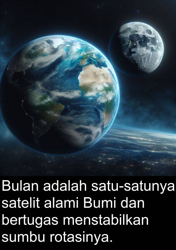 satelit: Bulan adalah satu-satunya satelit alami Bumi dan bertugas menstabilkan sumbu rotasinya.