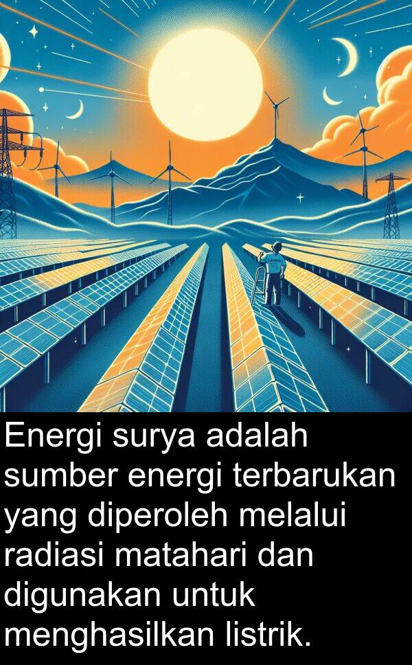 energi: Energi surya adalah sumber energi terbarukan yang diperoleh melalui radiasi matahari dan digunakan untuk menghasilkan listrik.