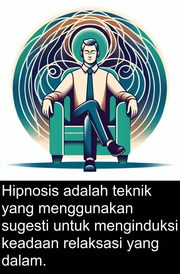 teknik: Hipnosis adalah teknik yang menggunakan sugesti untuk menginduksi keadaan relaksasi yang dalam.
