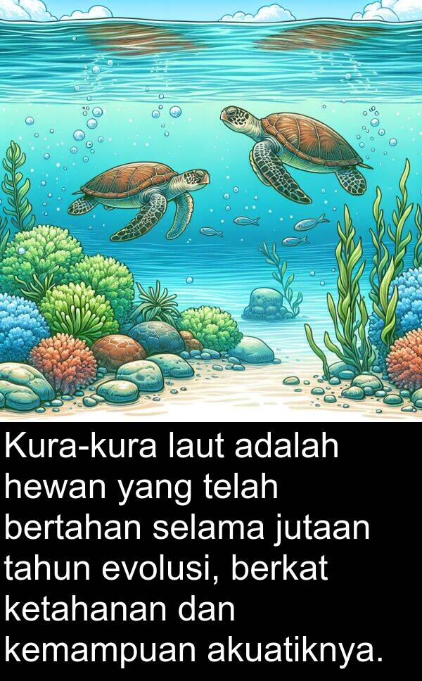 jutaan: Kura-kura laut adalah hewan yang telah bertahan selama jutaan tahun evolusi, berkat ketahanan dan kemampuan akuatiknya.