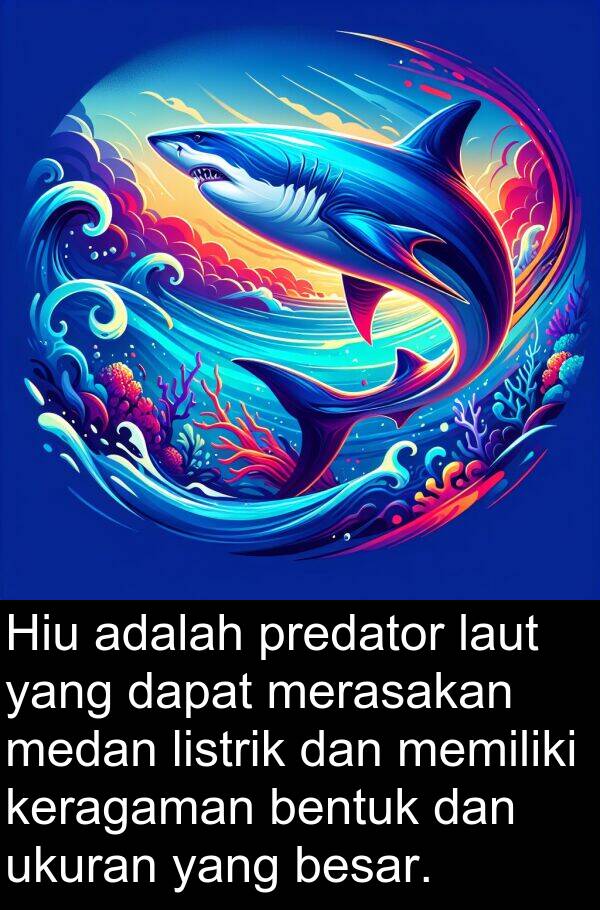 medan: Hiu adalah predator laut yang dapat merasakan medan listrik dan memiliki keragaman bentuk dan ukuran yang besar.