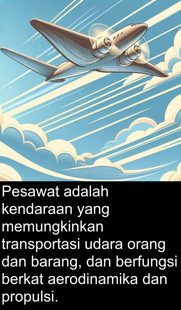 barang: Pesawat adalah kendaraan yang memungkinkan transportasi udara orang dan barang, dan berfungsi berkat aerodinamika dan propulsi.