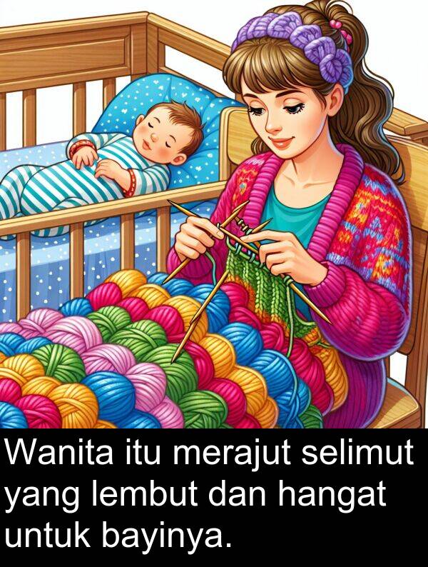 selimut: Wanita itu merajut selimut yang lembut dan hangat untuk bayinya.