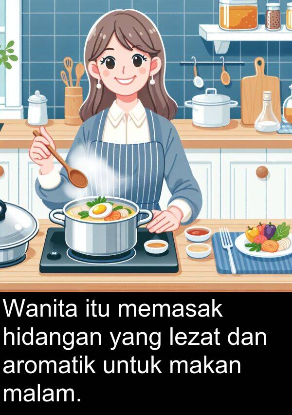 lezat: Wanita itu memasak hidangan yang lezat dan aromatik untuk makan malam.