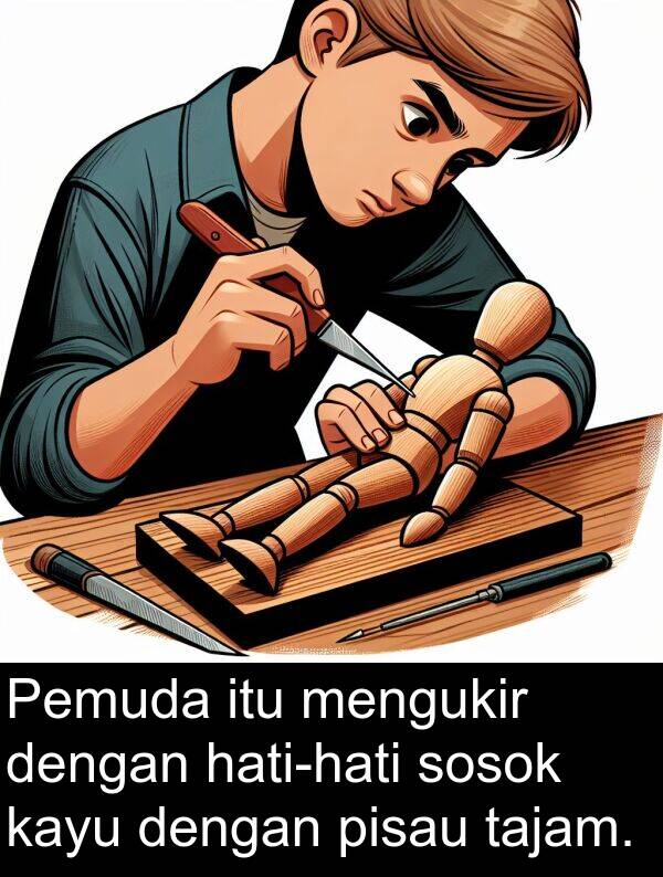 tajam: Pemuda itu mengukir dengan hati-hati sosok kayu dengan pisau tajam.