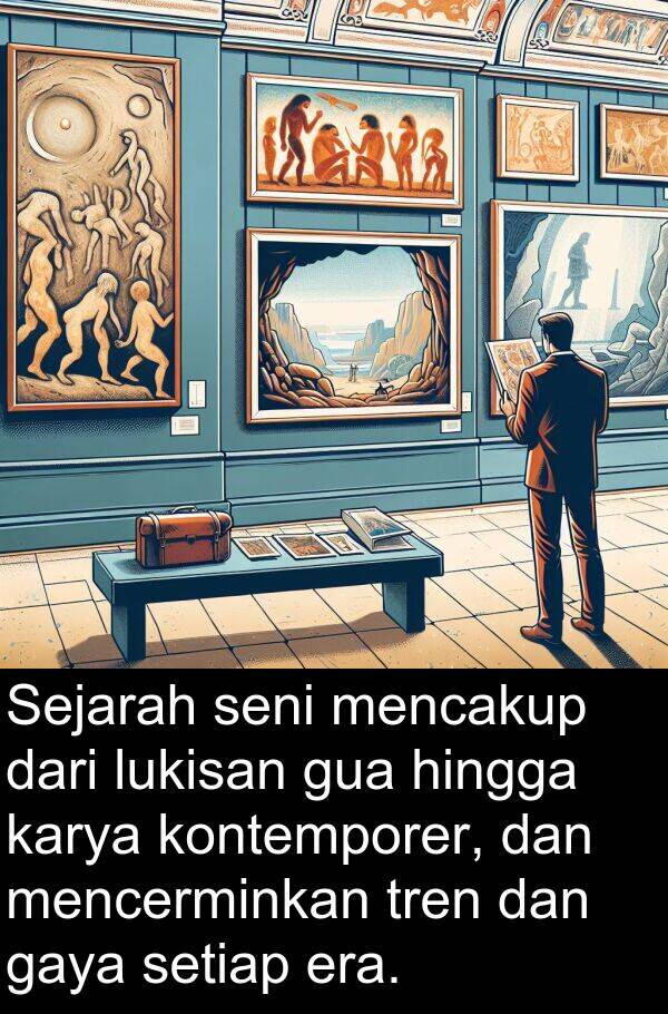hingga: Sejarah seni mencakup dari lukisan gua hingga karya kontemporer, dan mencerminkan tren dan gaya setiap era.