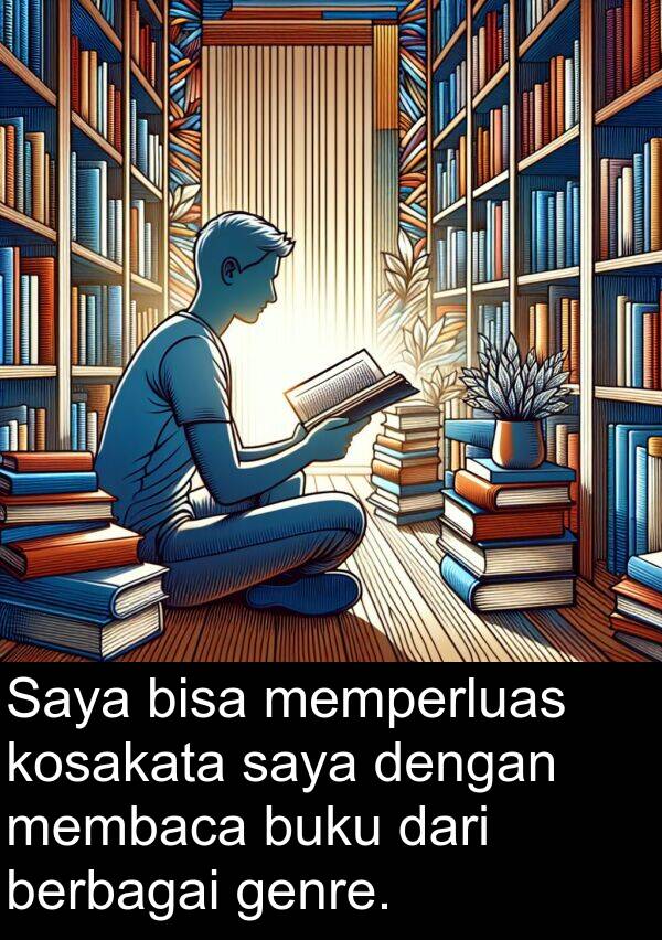 membaca: Saya bisa memperluas kosakata saya dengan membaca buku dari berbagai genre.
