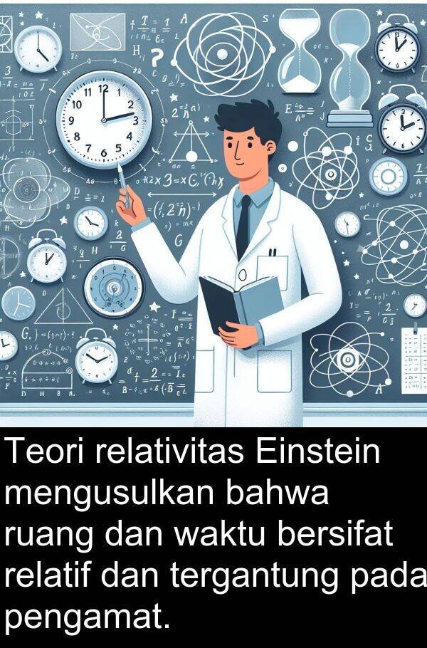 ruang: Teori relativitas Einstein mengusulkan bahwa ruang dan waktu bersifat relatif dan tergantung pada pengamat.