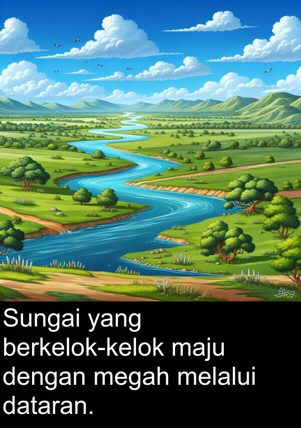 maju: Sungai yang berkelok-kelok maju dengan megah melalui dataran.