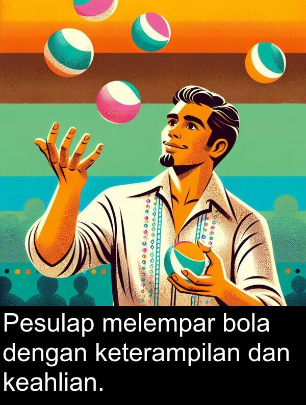 melempar: Pesulap melempar bola dengan keterampilan dan keahlian.
