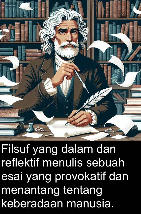 reflektif: Filsuf yang dalam dan reflektif menulis sebuah esai yang provokatif dan menantang tentang keberadaan manusia.