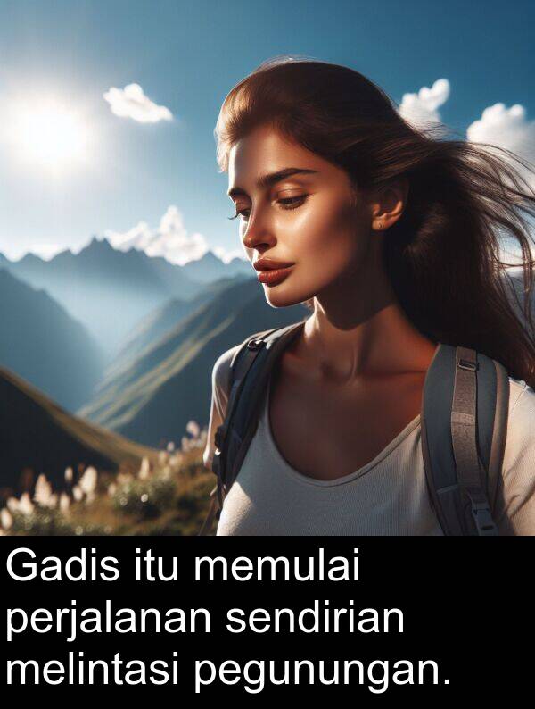 sendirian: Gadis itu memulai perjalanan sendirian melintasi pegunungan.