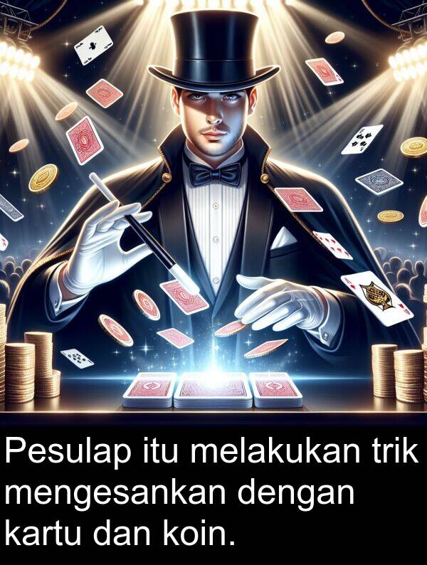 melakukan: Pesulap itu melakukan trik mengesankan dengan kartu dan koin.