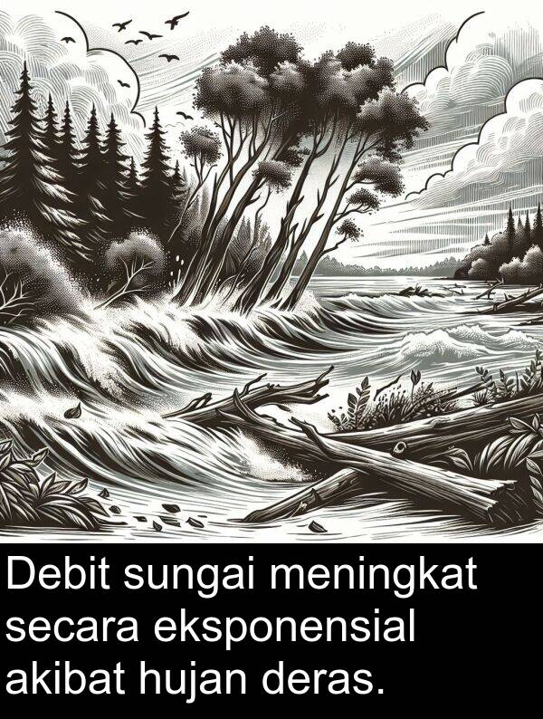 hujan: Debit sungai meningkat secara eksponensial akibat hujan deras.
