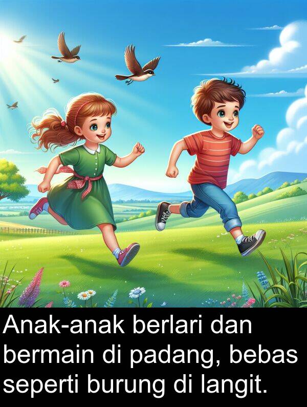 padang: Anak-anak berlari dan bermain di padang, bebas seperti burung di langit.