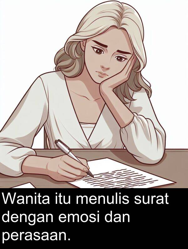 emosi: Wanita itu menulis surat dengan emosi dan perasaan.
