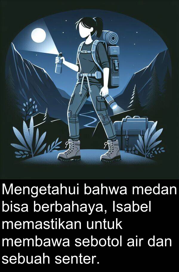 memastikan: Mengetahui bahwa medan bisa berbahaya, Isabel memastikan untuk membawa sebotol air dan sebuah senter.