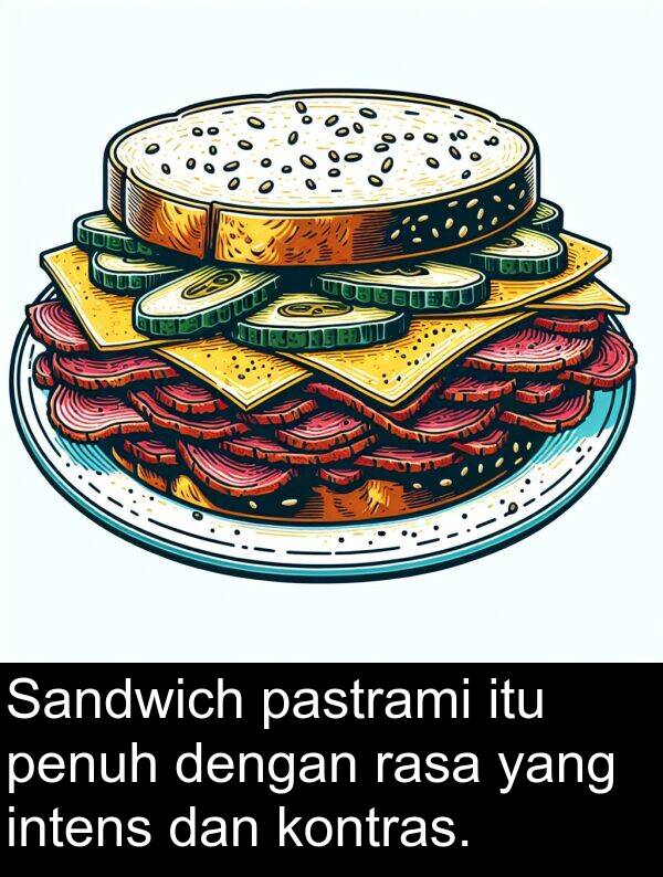 rasa: Sandwich pastrami itu penuh dengan rasa yang intens dan kontras.