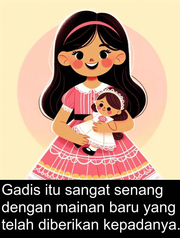 mainan: Gadis itu sangat senang dengan mainan baru yang telah diberikan kepadanya.