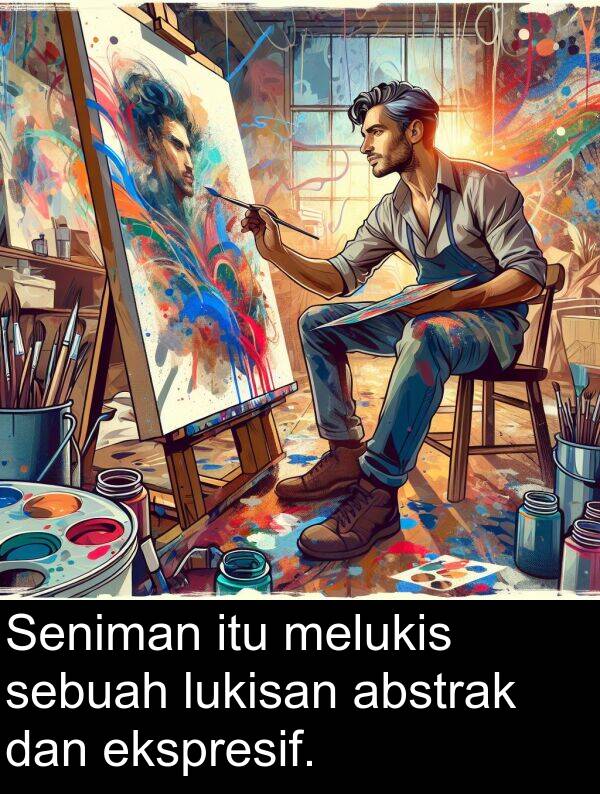 melukis: Seniman itu melukis sebuah lukisan abstrak dan ekspresif.