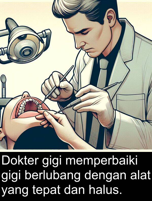 tepat: Dokter gigi memperbaiki gigi berlubang dengan alat yang tepat dan halus.