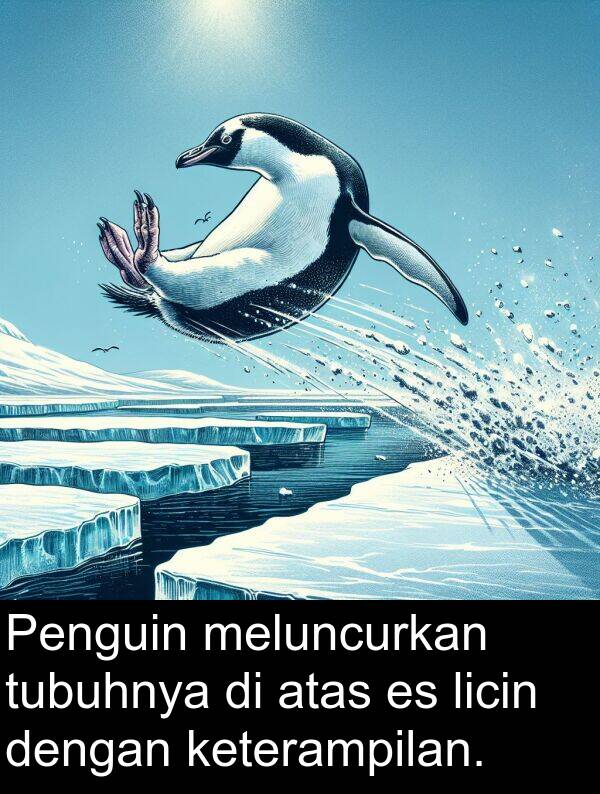 keterampilan: Penguin meluncurkan tubuhnya di atas es licin dengan keterampilan.