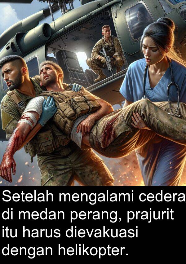 medan: Setelah mengalami cedera di medan perang, prajurit itu harus dievakuasi dengan helikopter.