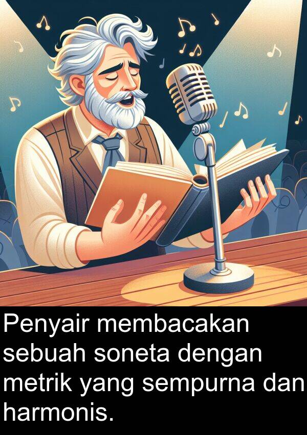 membacakan: Penyair membacakan sebuah soneta dengan metrik yang sempurna dan harmonis.