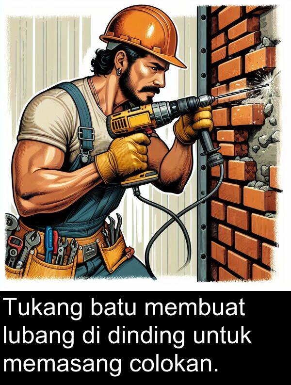 memasang: Tukang batu membuat lubang di dinding untuk memasang colokan.