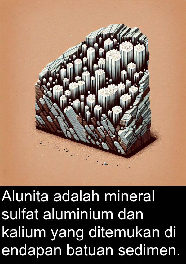 sedimen: Alunita adalah mineral sulfat aluminium dan kalium yang ditemukan di endapan batuan sedimen.