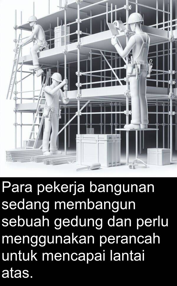 pekerja: Para pekerja bangunan sedang membangun sebuah gedung dan perlu menggunakan perancah untuk mencapai lantai atas.