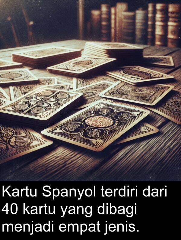 empat: Kartu Spanyol terdiri dari 40 kartu yang dibagi menjadi empat jenis.