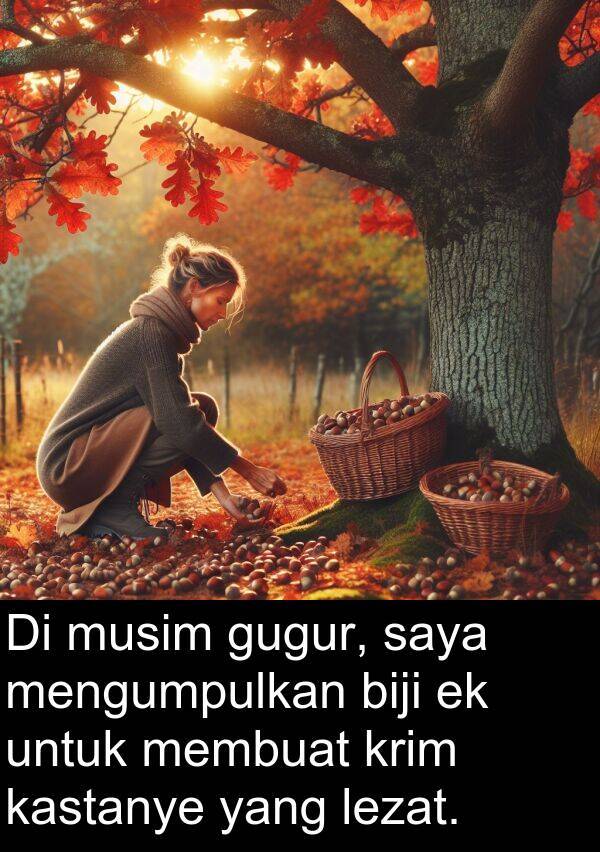 gugur: Di musim gugur, saya mengumpulkan biji ek untuk membuat krim kastanye yang lezat.