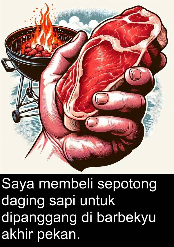 sapi: Saya membeli sepotong daging sapi untuk dipanggang di barbekyu akhir pekan.