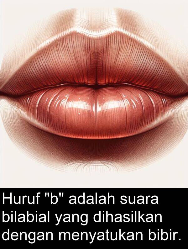 suara: Huruf "b" adalah suara bilabial yang dihasilkan dengan menyatukan bibir.