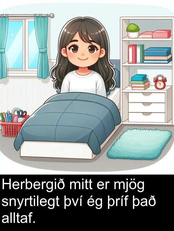 mitt: Herbergið mitt er mjög snyrtilegt því ég þríf það alltaf.