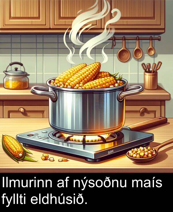eldhúsið: Ilmurinn af nýsoðnu maís fyllti eldhúsið.