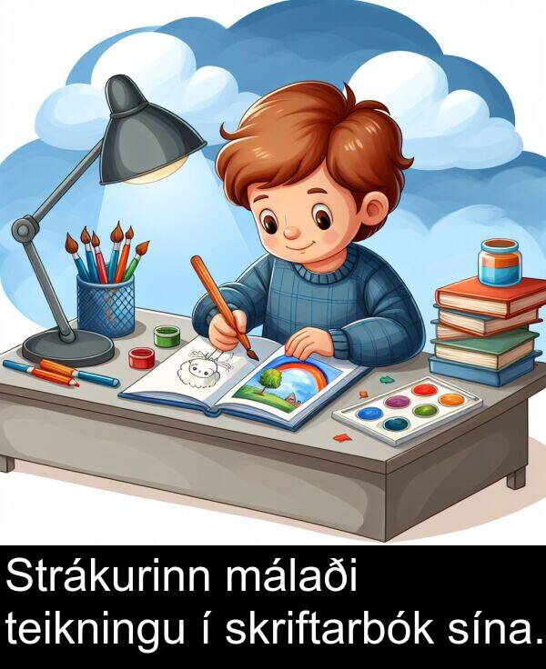 málaði: Strákurinn málaði teikningu í skriftarbók sína.