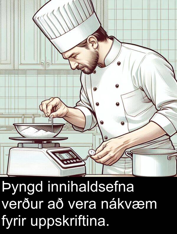 uppskriftina: Þyngd innihaldsefna verður að vera nákvæm fyrir uppskriftina.