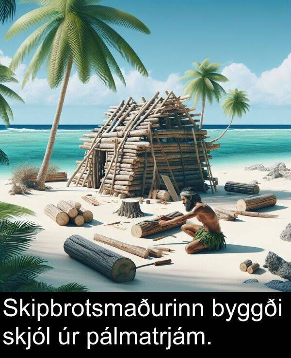 pálmatrjám: Skipbrotsmaðurinn byggði skjól úr pálmatrjám.